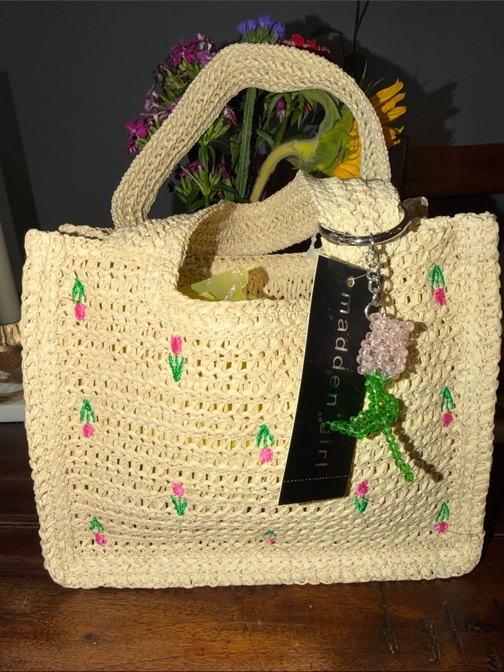 Madden Girl Natural Straw Mini Tote with Pink Peony Embroidery